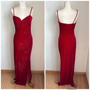Vintage All That Jazz Red Velvet Rhinestone Maxi Dress 90s Y2K